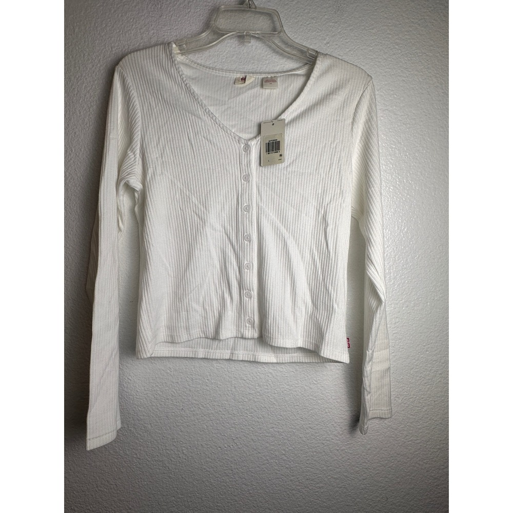 Levis Womens Ribbed Button Front Cardigan Top White Long Sleeve L